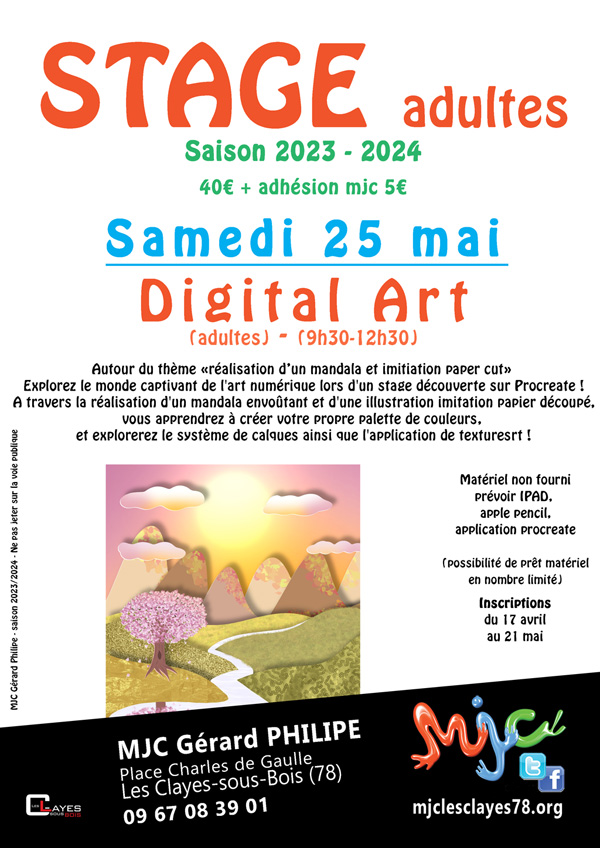 Stages adultes mai 2024 Affiche stage adultes digital art mai 2024 w00