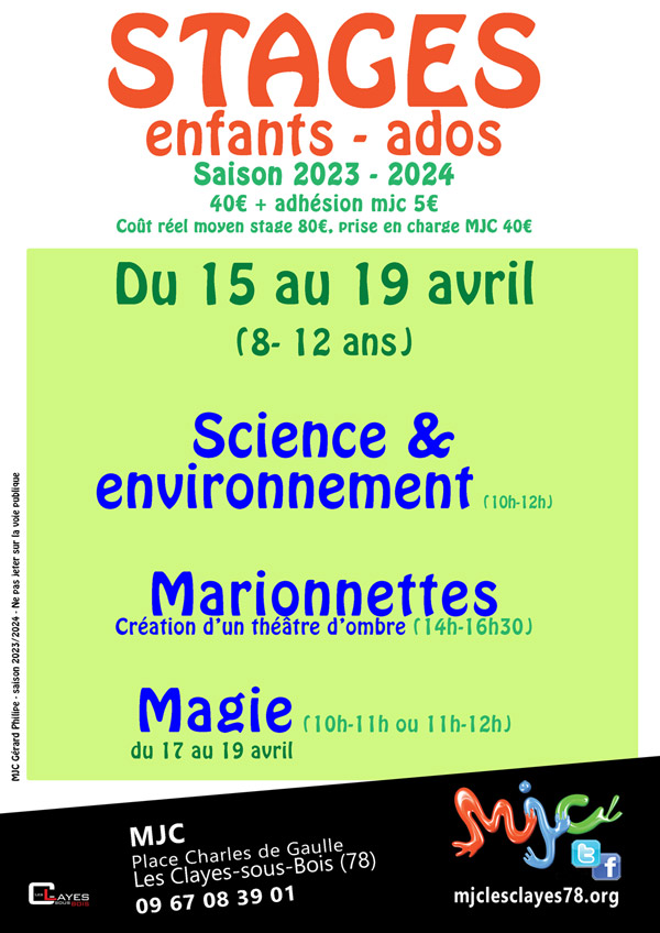 Stages enfants/ados avril 2024 Affiche stage enfants avril 2024 maj w00
